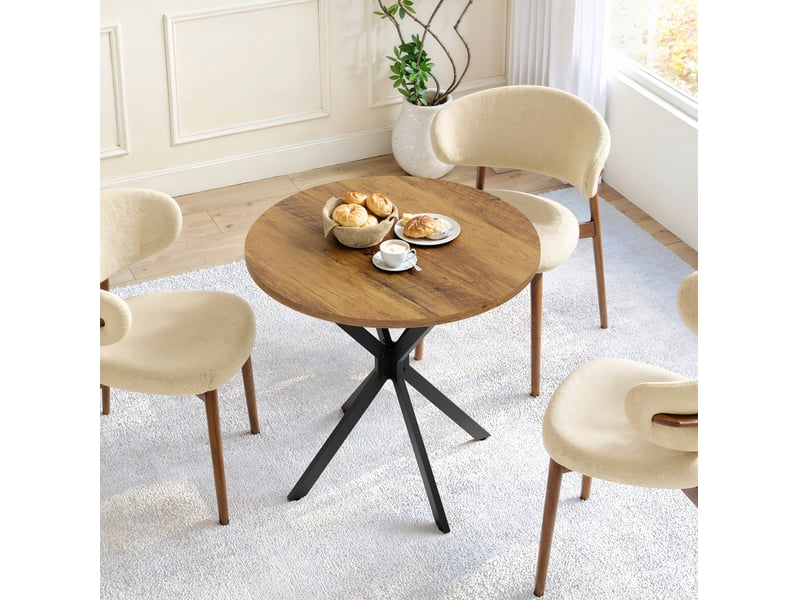  Elvmi table ronde style campagne pour 2 personnes plateau aspect chene retro brun pieds croises noirs en acier stable avec pieds reglables pour cuisine salle a manger salon et bureau a domicile 80 x 80 x 75 cm  - Conforama B