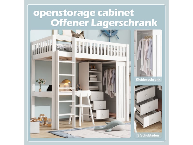 Lit mezzanine 90 x 200 cm avec bureau, armoire et 3 tiroirs intégrés, lit simple en pin blanc avec rangements ouverts, escalier et garde-corps - Conforama E