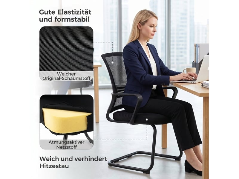  Lot de 2 chaises visiteur 58,5 x 57,5 x 93 cm – noires – dossier en maille et piètement luge métal  - Conforama D