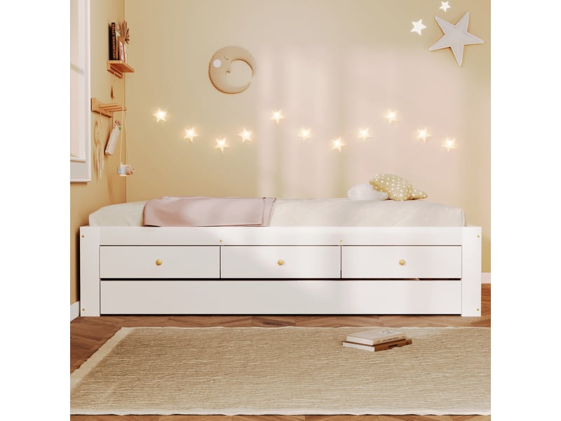 Lit double 90x200 cm - avec lit gigogne 90x190 cm et 3 tiroirs - sommier à lattes - mdf+pin - blanc (sans matelas) - Conforama D