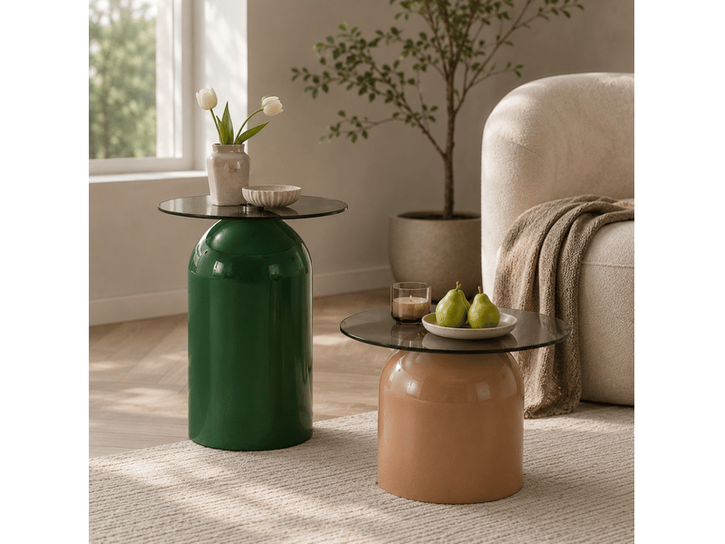  Set de 2 tables basses gigognes ø40 cm h 50 cm et ø50 cm h 38 cm en verre trempé vert et café clair  - Conforama C