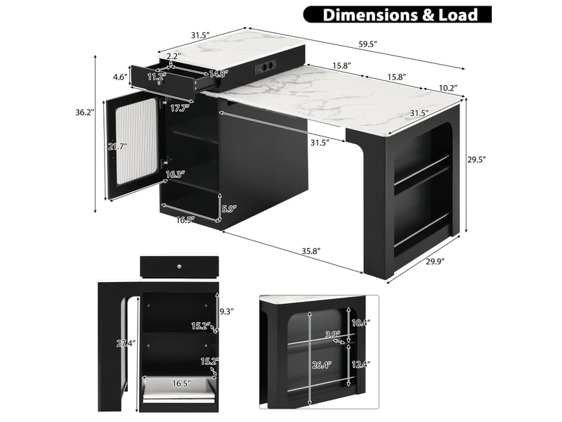  Table extensible avec rangement et prises pour salle à manger en mdf 80×71 111 151×92 cm blanc et noir  - Conforama E