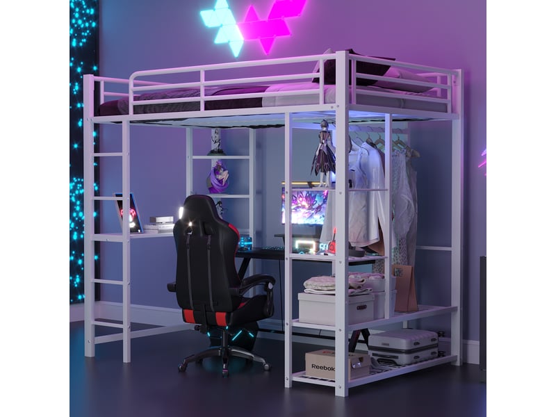  Lit mezzanine métal 90*200cm avec échelle, bureau et étagères, lit enfant avec rangements, coloris blanc  - Conforama E