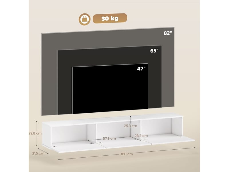  Meuble tv suspendu mural 180 cm blanc avec 3 rangements abattants en bois  - Conforama C