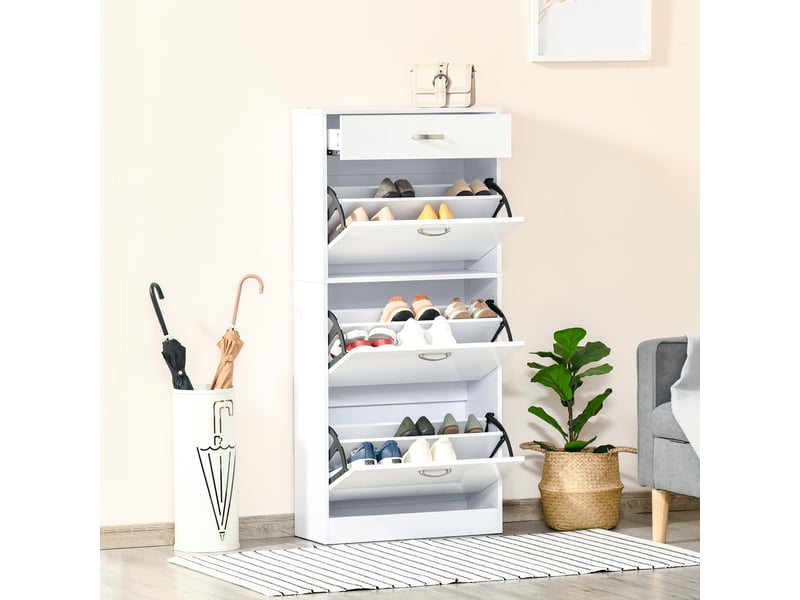  Meuble à chaussures - 3 portes abattantes et tiroir coulissant - dim. 62l x 24l x 135h cm blanc  - Conforama B