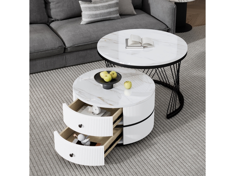  Tables basses gigognes avec 2 tiroirs, finition brillante aspect marbre, en mdf, blanc - uvrion  - Conforama B