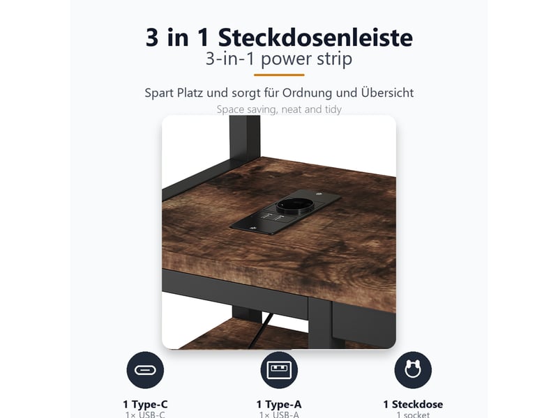  Lit superposé 3 places 140×200 cm et 90×200 cm, bureau, penderie et usb - okmyhome- sans matelas, métal noir vintage  - Conforama E