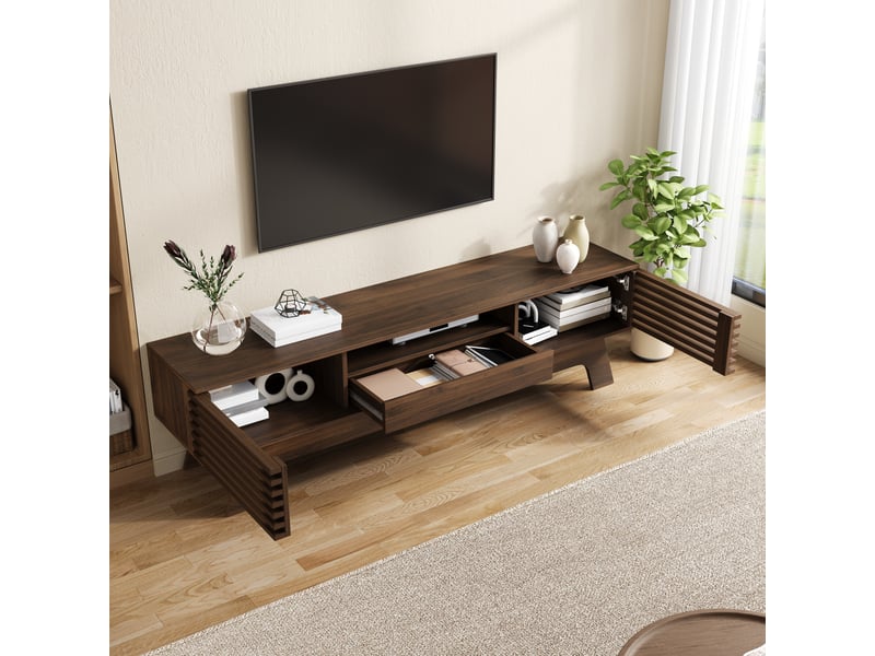 Meuble tv 150x35x44 cm - meuble bas en mdf avec portes à lattes, tiroir, passe-câbles et espace de rangement pour salon - Conforama E