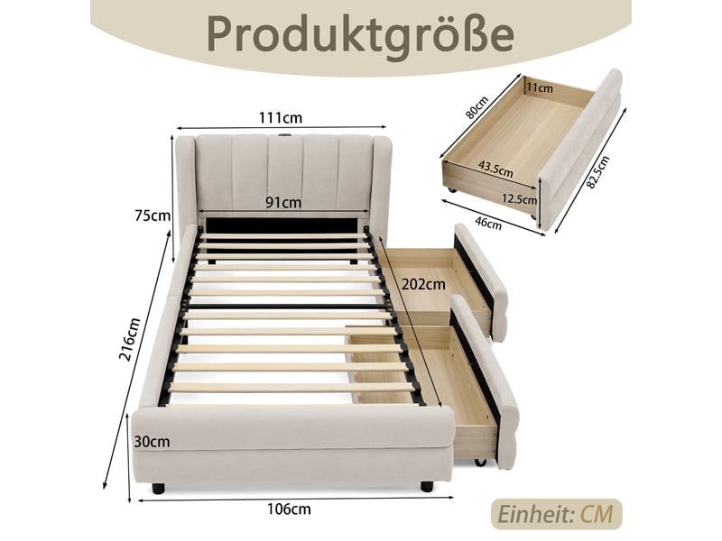  Lit enfant 90x200 cm avec tiroirs de rangement et port usb-tête de lit rembourrée en chenille-sommier à lattes-beige  - Conforama C