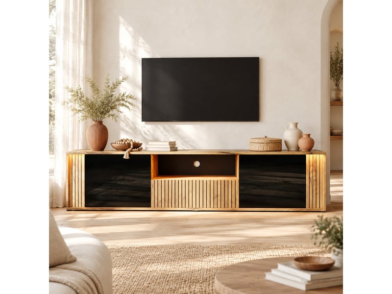  Meuble tv 180 cm noir et bois clair avec led bluetooth, 2 portes, tiroir et rangement pour écran 75 pouces  - Conforama B