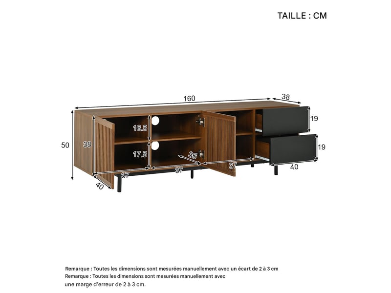  Meuble tv 2 portes 2 tiroirs niches en mdf noir et noyer 160x38x50 cm N625P508293294N - Conforama C