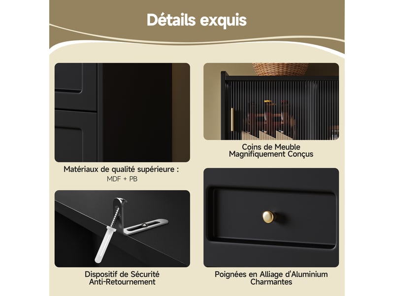  Buffet de cuisine noir avec led, vitrine colonne salle à manger, étagères réglables, meuble de rangement cuisine,120 x 35 x 167 cm  - Conforama E