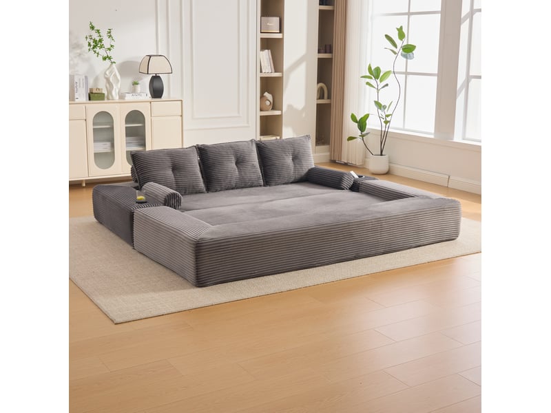  Canapé convertible 3 places avec ressorts, poches et porte-gobelet, en velours côtelé gris foncé 232 × 98 × 80 cm  - Conforama D