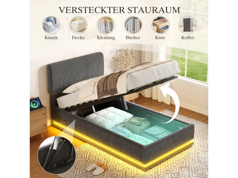  Lit capitonné gris 90x200 cm – led usb-c, tête réglable, cadre lattes solide, grand rangement, tissu côtelé gris  - Conforama D