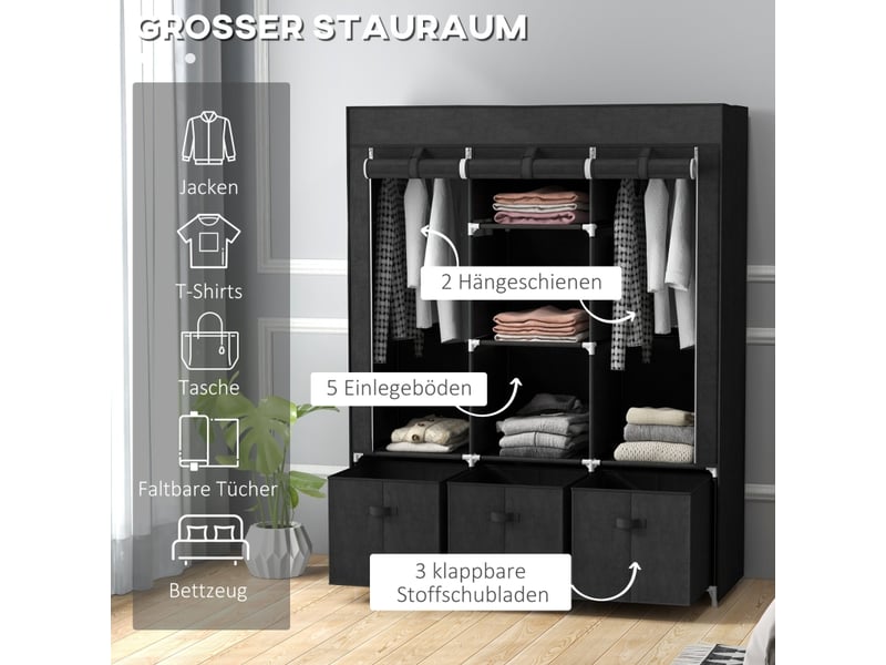  Armoire en tissu avec 2 tringles, 5 étagères et 3 tiroirs, housse zippée pour chambre, acier, 125×43×162,5 cm, noir  - Conforama E