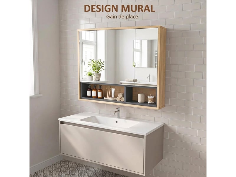  Meuble salle de bain avec miroir, armoire toilettes murale avec placards à 3 portes et 8 compartiments, chêne  - Conforama R