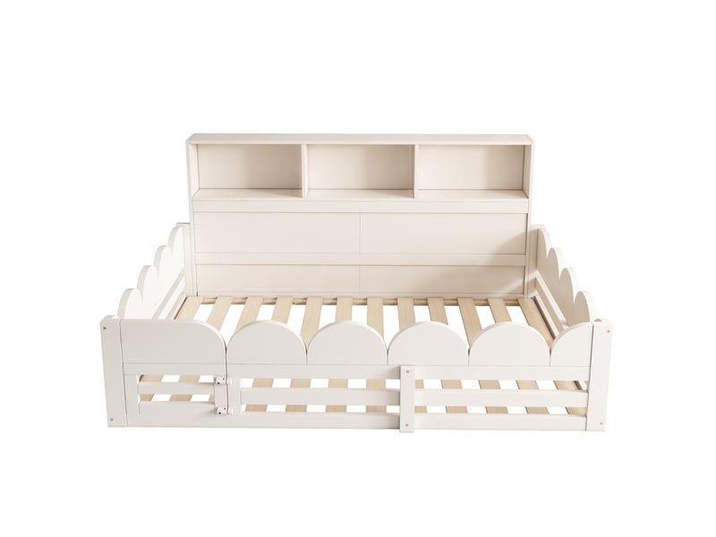  Lit au sol enfant 140x200 blanc avec barrière de sécurité, porte et sommier à lattes, lit double en bois  - Conforama A