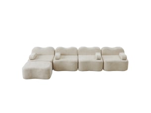 Canapé d'angle modulable 4 places en velours beige, structure sans dossier avec ottoman intégré et coussins mobiles