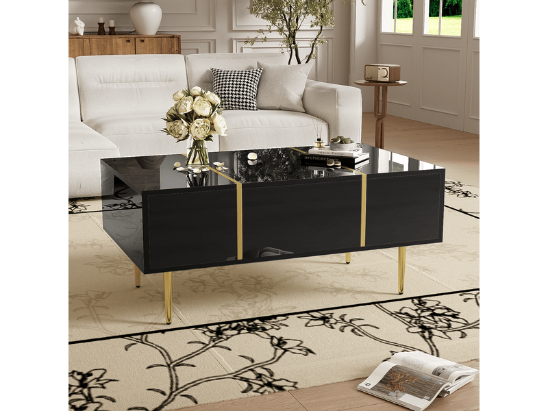  Table basse 100x60x41.5cm, table salon avec 2 tiroirs de rangement, pied en métal, meuble salon, mdf, brillant noir  - Conforama B