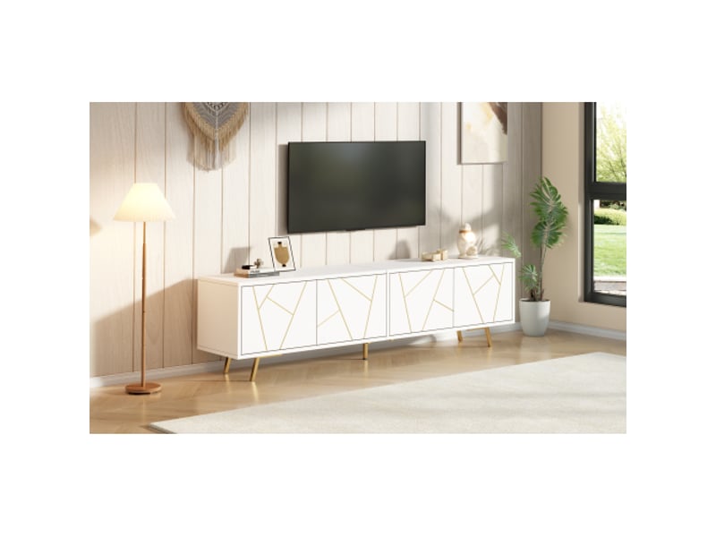 Meuble tv blanc et doré 190x40x51,5 cm avec 4 portes, 6 pieds métal et 8 compartiments  - Conforama B