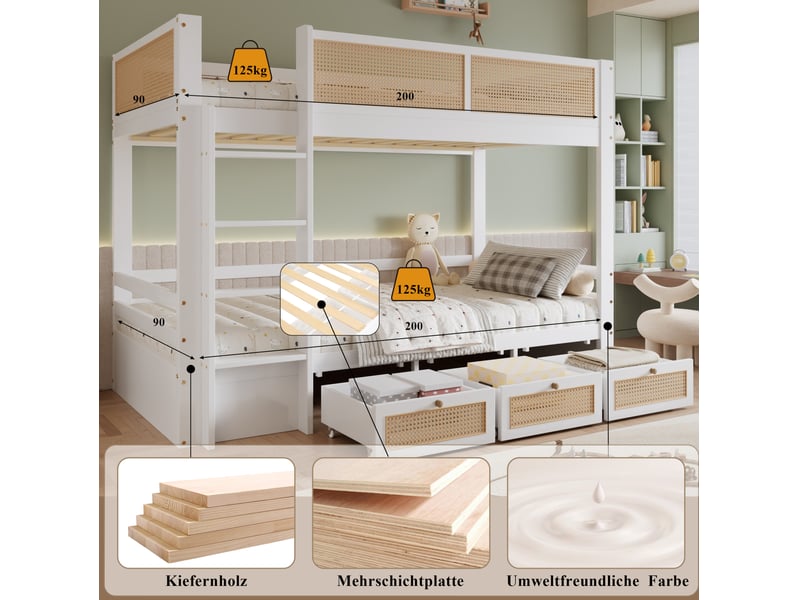  Lit superposé enfant blanc et naturel 90 x 200 cm avec 3 tiroirs à roulettes  - Conforama E