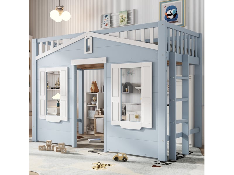 Lit mezzanine enfant 90x200 cm avec escalier réversible et fenêtre décorative, bois et mdf, bleu et blanc  - Conforama B