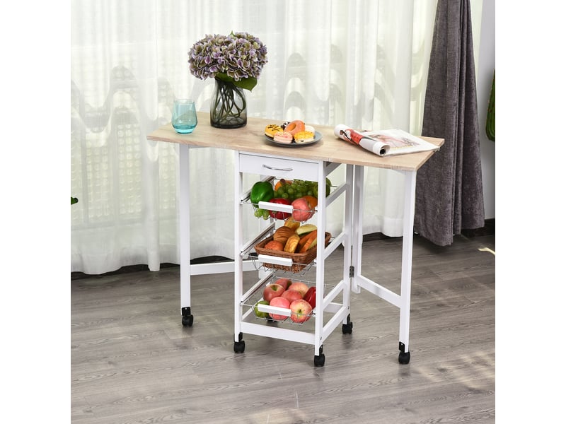  Chariot de service desserte de cuisine à multi-rangements roulettes 3 paniers blanc chêne clair  - Conforama A