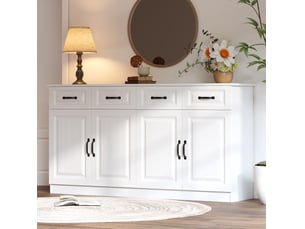 Buffet 160x35x80 cm avec 4 tiroirs et 4 portes, grand rangement en mdf blanc avec poignées en métal