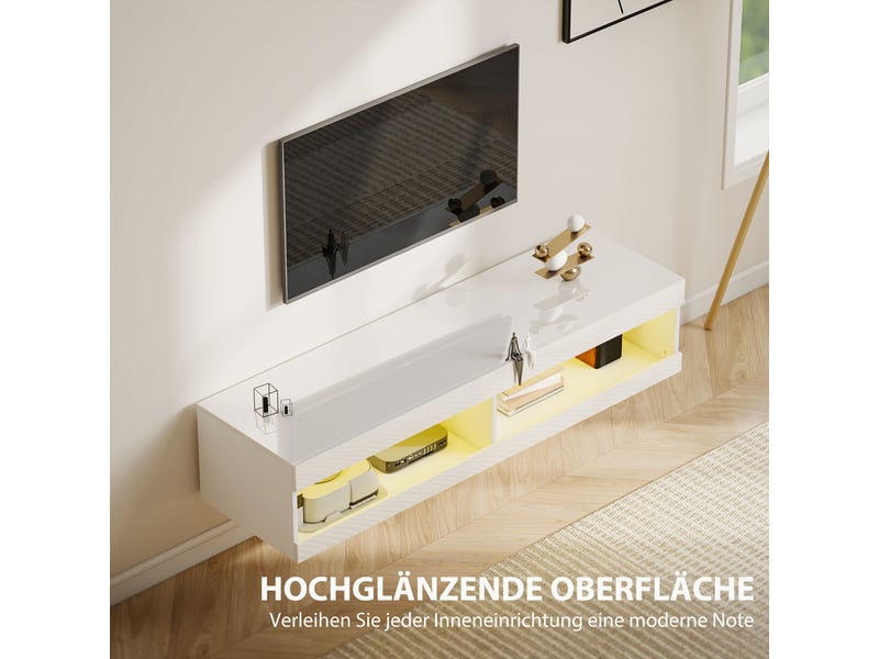 Meuble tv mural avec éclairage led 16 couleurs et 2 niches brillant 140 x 40 x 30 cm  - Conforama E