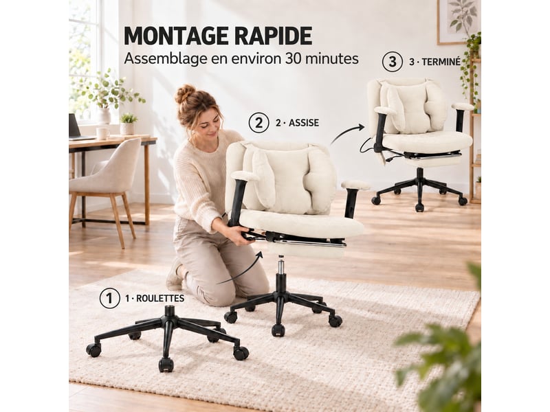 Fauteuil de bureau ergonomique en tissu respirant, coussin lombaire gonflable réglable, assise large pour s’asseoir, beige - Conforama D