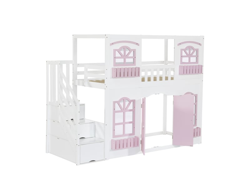 Lit mezzanine cabane enfant 90x200 cm avec fenêtres en acrylique, escalier de rangement et espace de jeu avec porte rabattable, bois, blanc et rose OPULERANE TRADING LTD - Conforama A