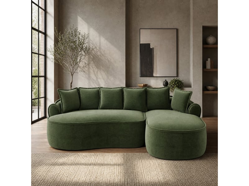  Canapé d’angle modulable 3 places 252x164x67 cm, sans cadre, assise profonde avec coussins, tissu en chenille, vert  - Conforama B