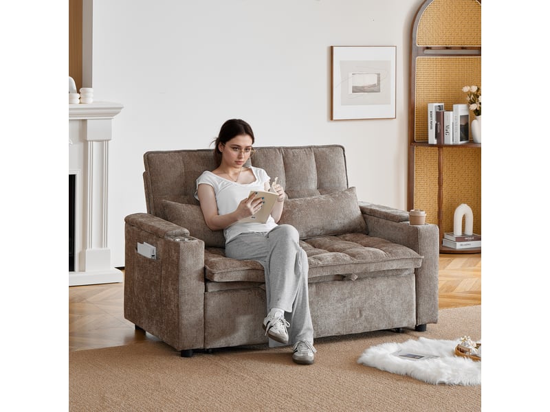  Canapé-lit convertible 3-en-1 142 cm, avec rangement, porte-gobelets, poches latérales et 2 coussins lombaires - marron  - Conforama B
