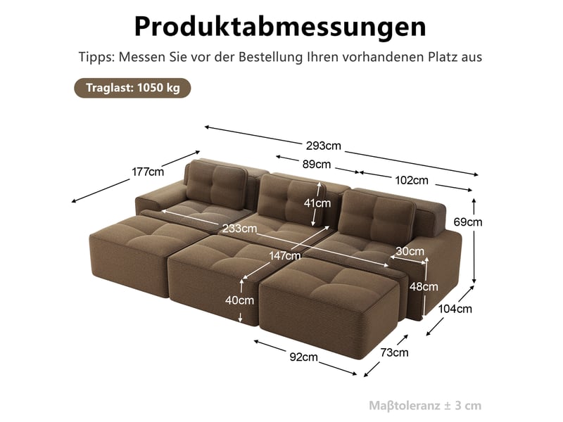  Canapé d'angle modulaire 293x177x69 cm fonction couchage 3 places marron  - Conforama E