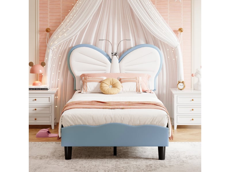  Lit enfant lit simple 90x190 cm, tête de lit papillon et lampe de lecture, style moderne, bleu  - Conforama D