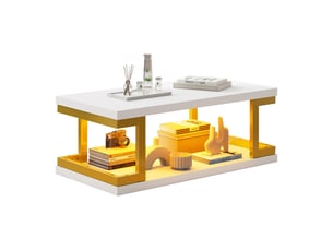 Table basse rectangulaire avec éclairage led, 100x50 cm, 2 niveaux de rangement, mdf et métal, blanc et or