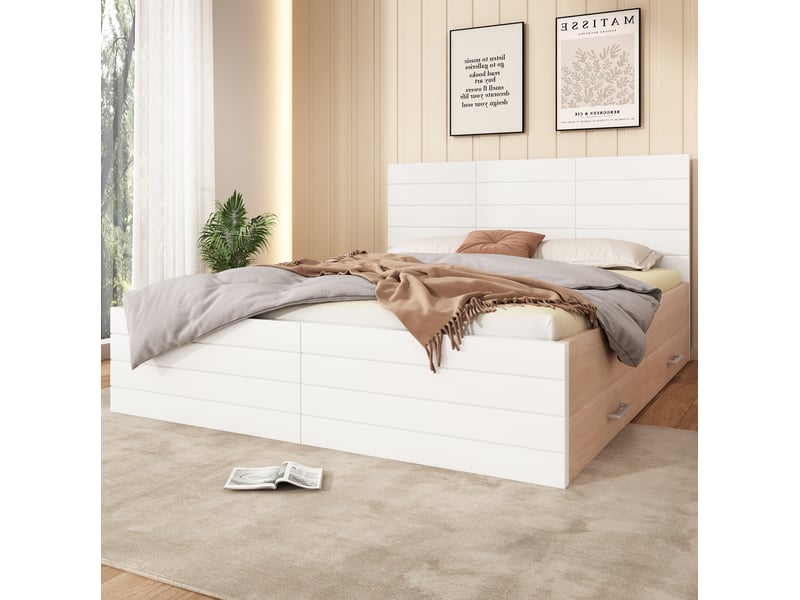  Lit double 160x200 cm blanc et chêne clair, bois et mdf, avec 2 tiroirs de rangement et sommier à lattes  - Conforama B