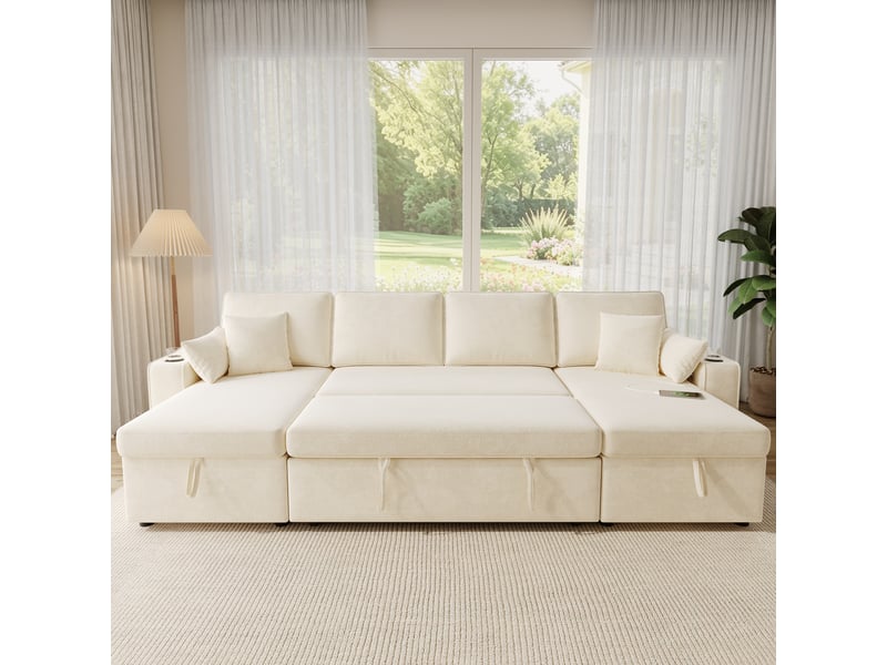 Canapé d'angle en u 270x125x86 cm avec 2 porte gobelets et port usb et rangement intégré convertible en lit chenille beige BUYDEEMEUS - Conforama E