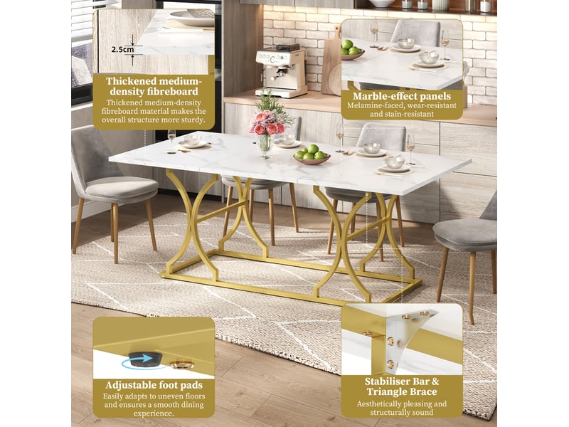  Table de salle à manger 200 x 80 cm blanche et dorée en mdf, avec pieds métalliques réglables, 8 à 10 personnes  - Conforama E