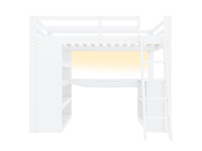  Lit mezzanine 140 x 200 cm avec bureau, tiroir, étagères, led bluetooth, port usb et garde-corps, pin et mdf - blanc OMNIGLINT TRADING LTD - Conforama E