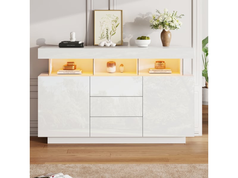 Buffet moderne 140 x 35 x 80 cm, buffet brillant, bar à café, buffet en acrylique avec bande lumineuse led 16 couleurs,(blanc)  - Conforama C