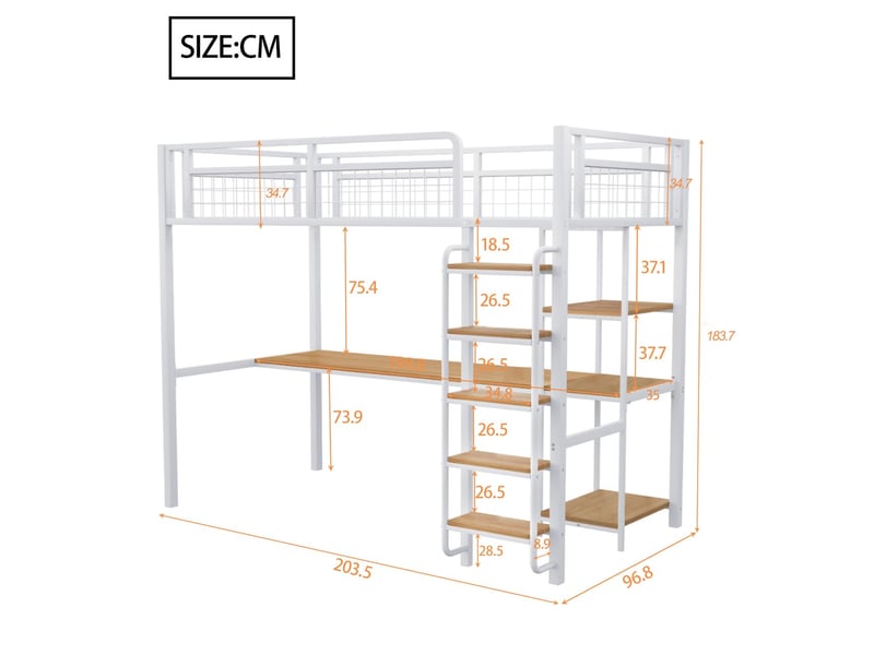  [{role: user, content: lit mezzanine 90x200 cm, bureau intégré, échelle à marches, métal blanc}]  - Conforama C
