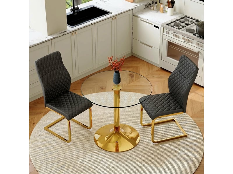  Ensemble table ronde ø85 cm et 2 chaises, verre trempé, pu noir et métal doré  - Conforama B