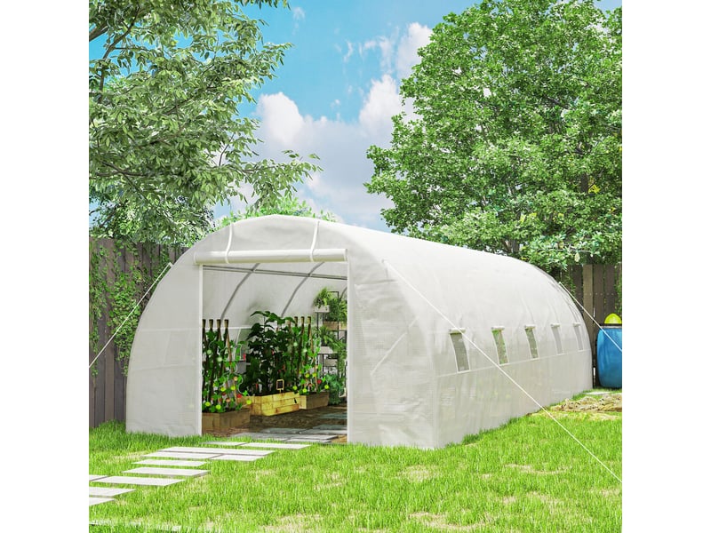 Serre tunnel extérieur 8x3x2 m, 12 fenêtres, porte enroulable, plantestomateslégumes, acierpe 140 gm², blanc. - Conforama D