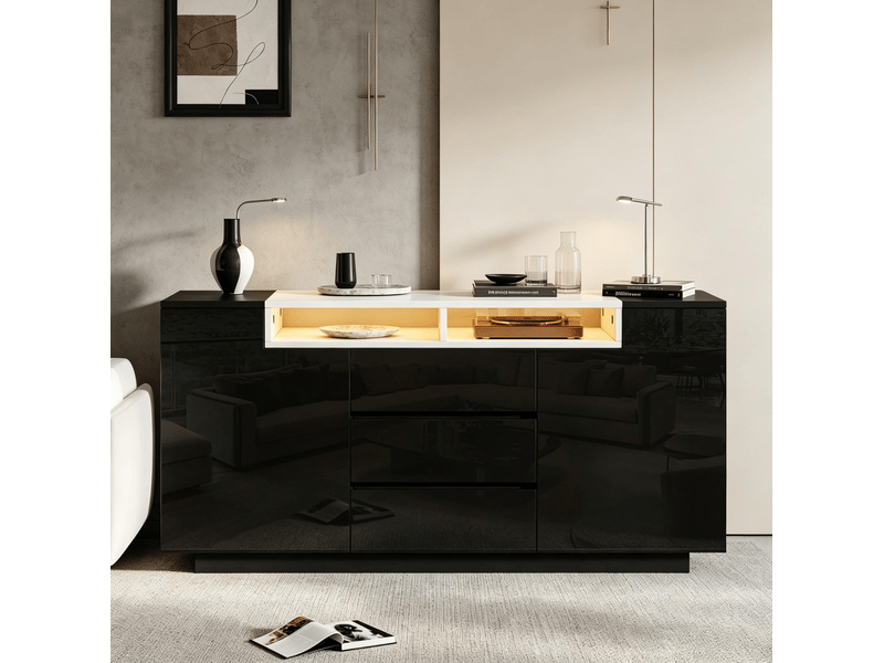  Buffet bas 140 x 40 x 68 cm noir avec 2 portes, 3 tiroirs et éclairage led  - Conforama E