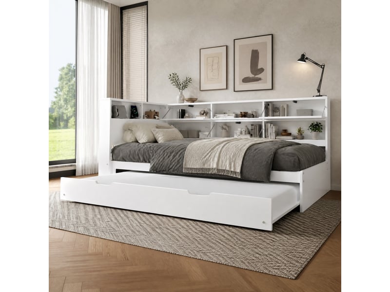 Lit combiné 90x200 cm, bois et en mdf, lit gigogne, rangements en tête de lit, coloris blanc, sans matelas - Conforama B