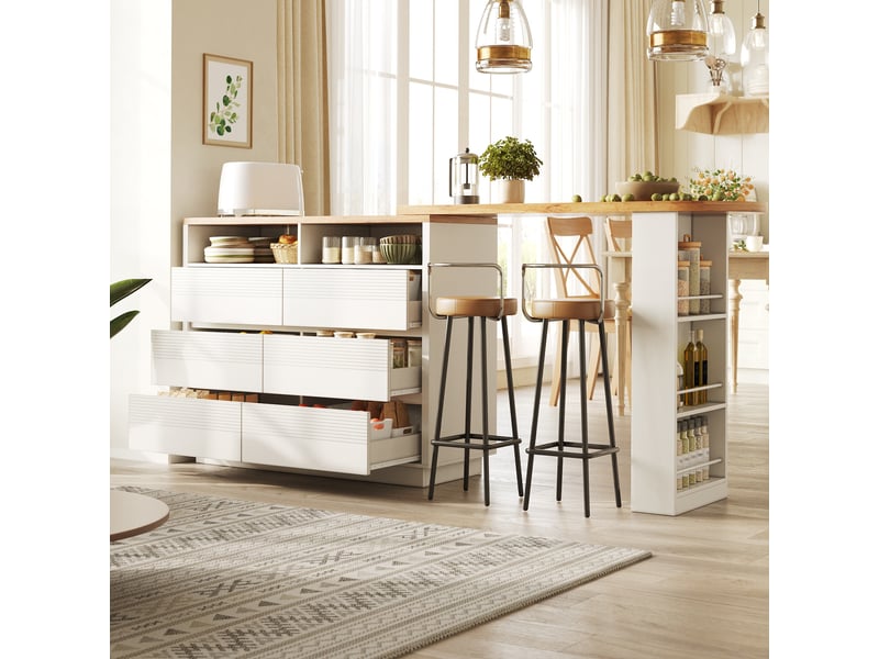  Table bar extensible 137-215 x 39 x 102,3 cm, 6 tiroirs rangement grande capacité stable montage facile cuisine îlot bar bistrot, mdf, blanc evarich - Conforama D