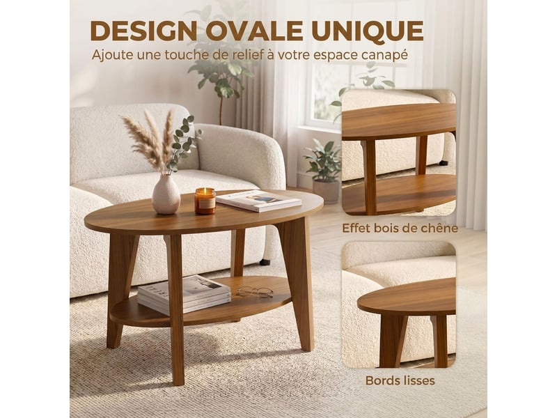  Table basse ovale à 2 niveaux, 80 x 50 x 45 cm, table de salon moderne avec étagère inférieure ouverte, chêne  - Conforama E