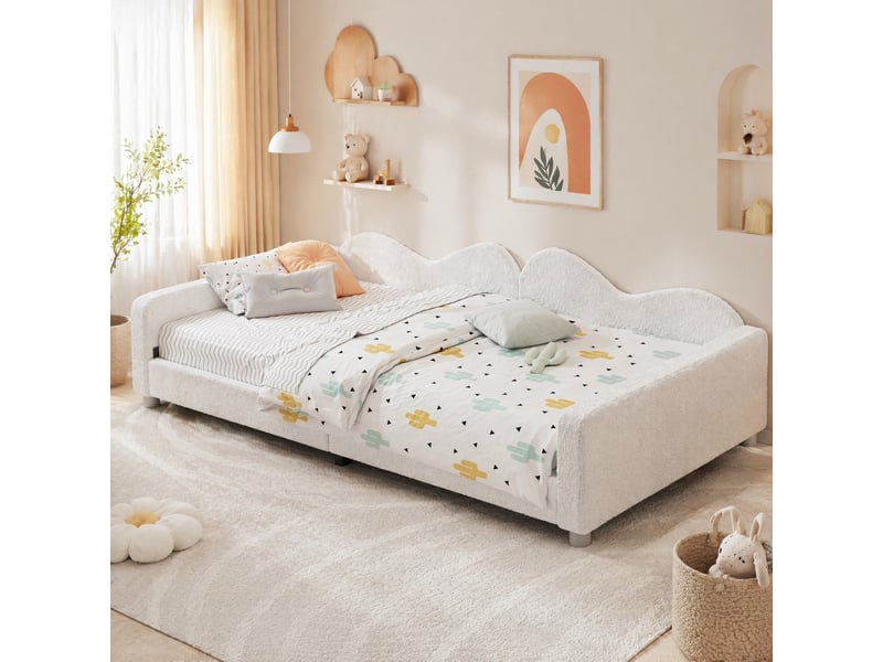  Lit banquette enfant 90x200 cm en tissu teddy blanc avec sommier à lattes  - Conforama C