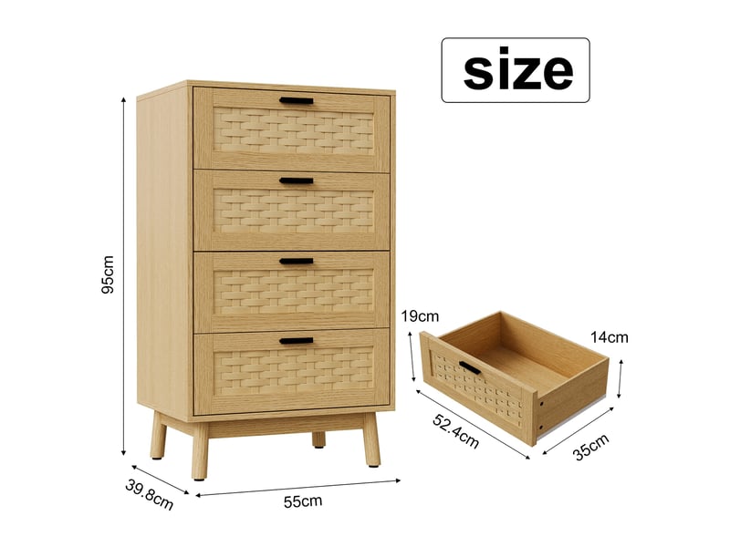  Commode 4 tiroirs effet rotin pvc - 55x40x95cm - meuble de rangement en chêne - pieds bois - naturel  - Conforama E